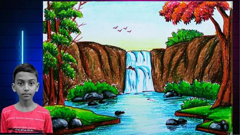 https://youtube.com/channel/UCM9soOtCjLKLfl-7IfAlUUw Draw A Waterfall, Step By Step Oil Pastel, Oil Pastels Drawing, Waterfall Drawing, Painting Abstract Acrylic, Scenery Beautiful, Waterfall Scenery, Drawing Acrylic, Deep Art