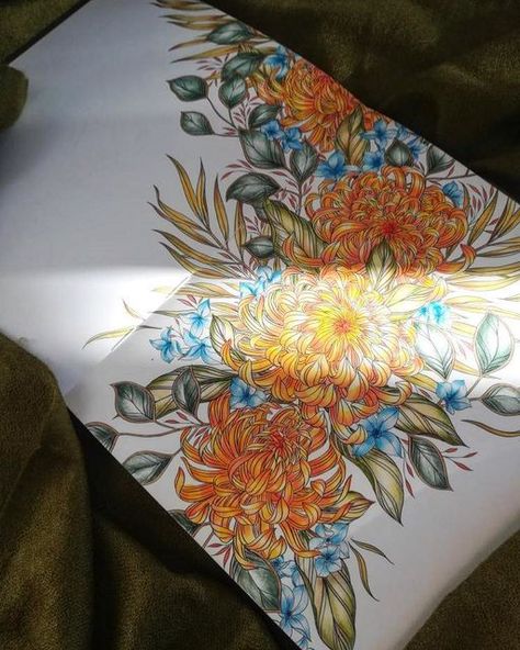 Flowerscape Coloring, Maggie Enterrios, Color Pencils, Color Pencil Art, Color Therapy, Chrysanthemum, Botanical Art, Golden Hour, Great Wave