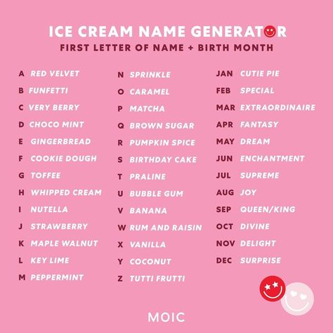 Museum of Ice Cream on Instagram: “Everyone who visits our experience gets an ice cream name - here are some ideas! Comment your new name down below, then come make it…” Aesthetic Ice Cream Flavors, Ideas For Ice Cream Shop, Candy Names Ideas, Ice Cream Business Names, Ice Cream Shop Names Ideas, Crepe Brulee, Ice Cream Shop Aesthetic, Ice Cream Shop Names, Ice Names