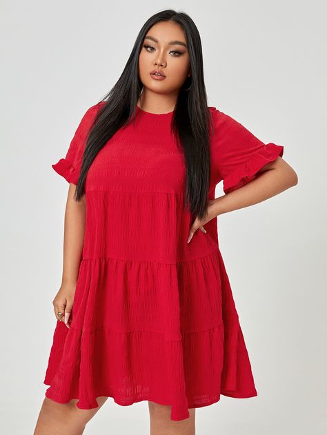 Red Cute  Short Sleeve Polyester Plain Smock  Slight Stretch Summer Plus Size Dresses Summer Plus Size, Flounce Sleeve, Cute Shorts, Christmas 2024, Smock Dress, Hem Dress, Ruffle Hem, Dress P, Plus Size Dresses