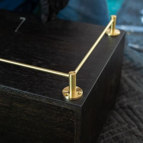 Brass Rail Shelving Kitchen, Kitchen Shelf With Brass Rail, Brass Tipping Rail, Brass Shelf Rail, Floating Bar Shelves, Brass Bar Shelf Rail, Shelf Rail, Rail Shelf, Gallery Rail