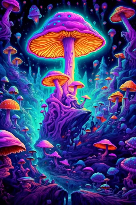 Purple Designs Wallpaper, Blacklight Mushroom Painting, Purple Mushroom Art, Mushroom Bedroom Decor, Hippie Room Decor Bohemian, Trippy Mushroom Painting, Trippy Galaxy, Poster Wall Art Bedroom, Mushroom Artwork