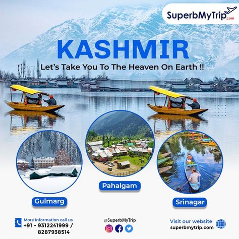 ☛ The Benefits of the Kashmir Tour Package are: ✅ Air Tickets ✅ Hotel Bookings ✅ Sightseeing ✅ Transportation ✅ Meals ☛ The Reasons to Visit Kashmir: ✅ Gorgeously Adventurous Trekking Points ✅ The Breathtaking Landscapes ✅ The Mesmerizing Pristine Lakes ✅ The Wonderful Climate ✅ Kashmiri Cuisines ✅ Art & Heritage ✅ Handicrafts ✅ History Kashmir is the heaven on earth that amaze people with its phenomenal greenery & nature. 🌐 superbmytrip.com 📱 8287938514, 9871220731 Kashmir Tour Packages, Tour Packages Design, Travel Advertising Design, Kashmir Tourism, India Tourist, Kashmir Tour, Travel Creative, Travel Advertising, Top Places To Travel