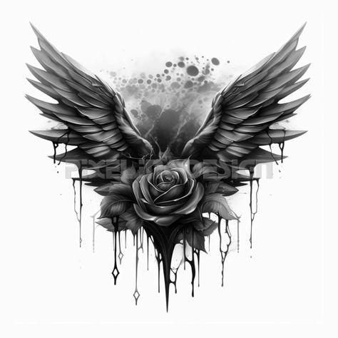 Above Elbow Tattoo Cover Up, 5150 Tattoo Designs, Outcast Tattoo Ideas, Rose And Wings Tattoo Design, Fade To Black Tattoo, Background For Tattoos, Thigh Cover Up Tattoo, Angel Wings Rose Tattoo, Tattoo Bas Du Dos