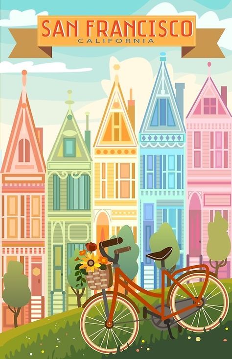 San Francisco San Francisco Art Print, City Posters, San Francisco Art, Painted Ladies, San Francisco Travel, Bicycle Art, Travel Wall Art, Woman Painting, Vintage Travel Posters