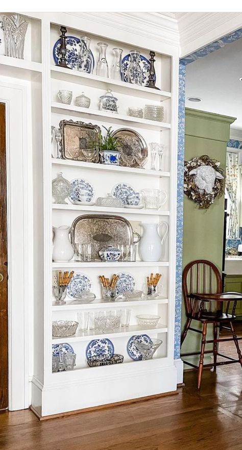 Kitchen Display Shelves Ideas, How To Display China On Shelves, Shallow Built In Shelves Kitchen, Fine China Wall Display, Display China On Shelves, China Shelf Display, Upper Cabinet China Display, Displaying China On Shelves, Shallow Display Cabinet