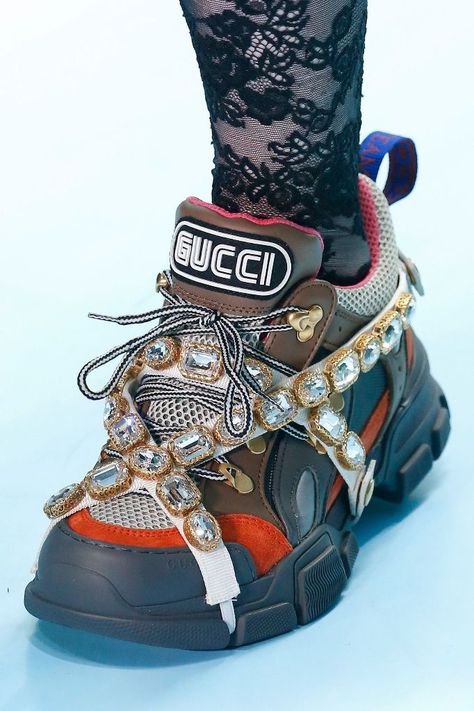 Gucci Flashtrek sneakers with crystal accents.  #guccishoes #runway #chunkysneakers Most Expensive Shoes, Hype Clothing, Runway Shoes, Expensive Shoes, Trending Sneakers, Womens Shoes High Heels, Hot Shoes, Crazy Shoes, Gucci Shoes