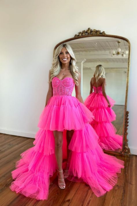 We could custom made 70+ colors & all sizes, if you do not not find the color name listed, pls leave message on special instructions to note the exact color you need. Also custom size is available, if you need your dress customized, pls leave your bust, waist, hips & barefoot height size in the order remark. Th Hot Pink Prom Dresses, Rose Prom Dress, High Low Ball Gown, Tiered Prom Dress, Tulle Train, Cute Homecoming Dresses, High Low Prom Dresses, Pink Prom Dress, Corset Dress Prom