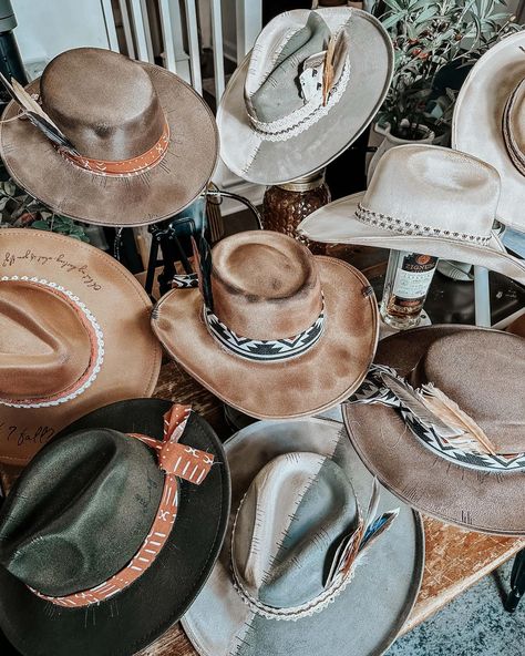 ROLL CALL - this one’s for all the cowgirls and the hippies. Just dropped all these babies this morning⚡️ last one is my fave💕 #customhats #cowboyhats #westernhats #hippiechic Grunge Cowgirl Aesthetic, Hippy Cowgirl Aesthetic, Indie Cowgirl Aesthetic, Dime Store Cowgirl Aesthetic, Hippies And Cowboys Aesthetic, Western Hats For Women, Custom Cowboy Hats, Boho Hat, Wide Brim Fedora