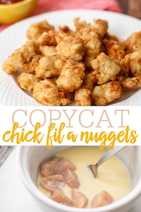 This recipe allows you to have the crispy, delicious chicken nuggets you love from Chick-fil-A without even leaving your house! These Copycat Chick Fil A Nuggets taste just like the real thing. Best of all, they're ready in less than 30 minutes! #copycatchickfilachickennuggets #chickennuggets #copycatchickfila #nuggets #copycat Chick Fil A Chicken Sandwich Recipe, Copycat Chick Fil A Nuggets, Chick Fil A Chicken Nuggets, Chicken Crispers, Chick Fil A Recipe, Chick Fil A Nuggets, Chicken Main Dish Recipes, Copycat Chick Fil A, Cousin Camp