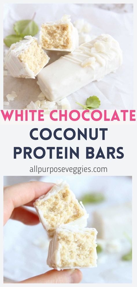 Just 7 ingredients are all you need to make your own White Chocolate Coconut Protein Bars at home. These easy vegan Bars are the perfect dessert & snack, and you’ll be amazed by how delicious and easy they are to make. #proteinbars #proteinsnacks #nutritionbars #energybars #coconuttreats Coconut Flour Protein Bar, Coconut Protein Bar, Healthy White Chocolate Recipes, Home Made Protein Bars, Protein Bars Recipe, Bars At Home, Homemade Protein Bars, Comeback Jokes, Wife Duties