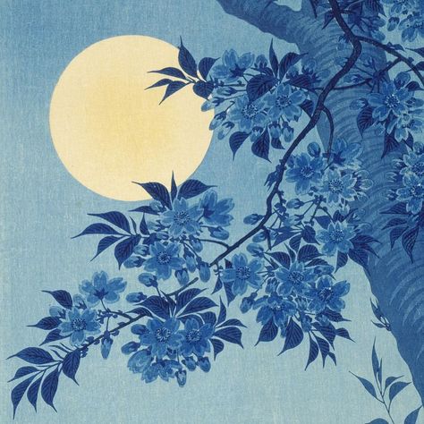 Los Angeles County Museum of Art στο Instagram: "#bluemoon vibes  [Ohara Shōson (Koson) (Japan, 1877-1945), Blossoming Cherry on a Moonlit Night (detail), circa 1932, Gift of Mr. and Mrs. Felix Juda] #lacma" Plakat Design Inspiration, Minimalist Dekor, Japan Illustration, Moonlit Night, Ohara Koson, Japanese Art Prints, Japanese Wall Art, Japanese Illustration, Japanese Wall