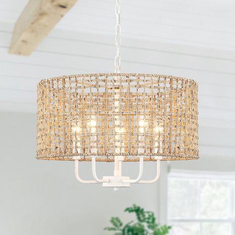 Bay Isle Home Ekkehard 5 - Light Dimmable Drum Chandelier & Reviews | Wayfair Rattan Chandelier, Rattan Shades, White Bohemian, Rattan Lamp, Vintage Style Decorating, Rattan Pendant Light, Candle Style Chandelier, Candle Chandelier, Drum Chandelier