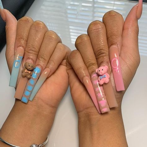 Gender Reveal Nails Ideas Acrylic, Pink Square Acrylic, Pink Square Acrylic Nails, Gender Reveal Nails Ideas, Maternity Nails, Gender Reveal Nails, Baby Shower Nails, Nail Designs Bling, Long Square Nails