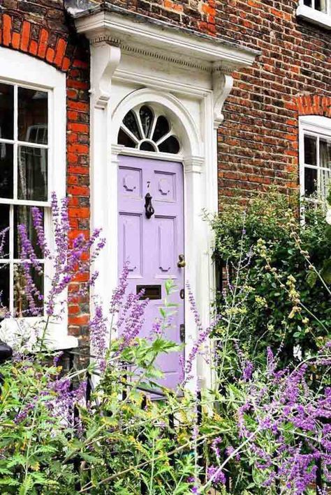 Lavender Front Door Paint Colors, Shutters Brick House, Cottage Entrance, Entry Door Colors, Purple Front Doors, Door Colour, Romantic Nature, Purple Door, Dark House