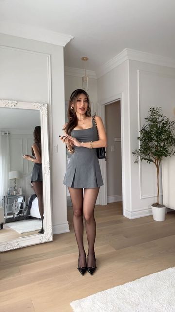 Cardigan Tube Top Outfit, Dress With Mini Cardigan, Corset Classy Outfit, Classy Mini Dress Outfit, Grey Mini Dress Outfit, Grey Dress Aesthetic, Grey Corset Outfit, Tube Dress Outfit Classy, Mini Dress With Cardigan