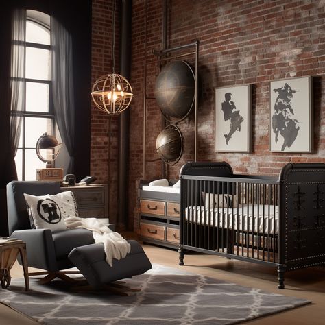 Industrial Chic: Create a stylish, industrial-themed nursery with exposed brick, metal accents, and reclaimed wood furniture. Incorporate steampunk-inspired decor, like gear-shaped wall art, and use a dark color scheme with metallic accents for an edgy look. Exposed Brick Nursery, Industrial Nursery Ideas, Industrial Boys Rooms, Industrial Nursery, Girls Bedroom Vintage, Apartment Nursery, Industrial Room, Modern Kids Room, Themed Nursery