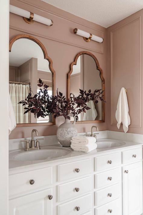 Small Dramatic Bathroom, Dusty Pink Bathroom, Brushed Nickel And Gold Bathroom, Mauve Bathroom, Mauve Paint, Builder Grade Bathroom, Blush Bathroom, Fall Aesthetic Pictures, Painting Ikea Furniture