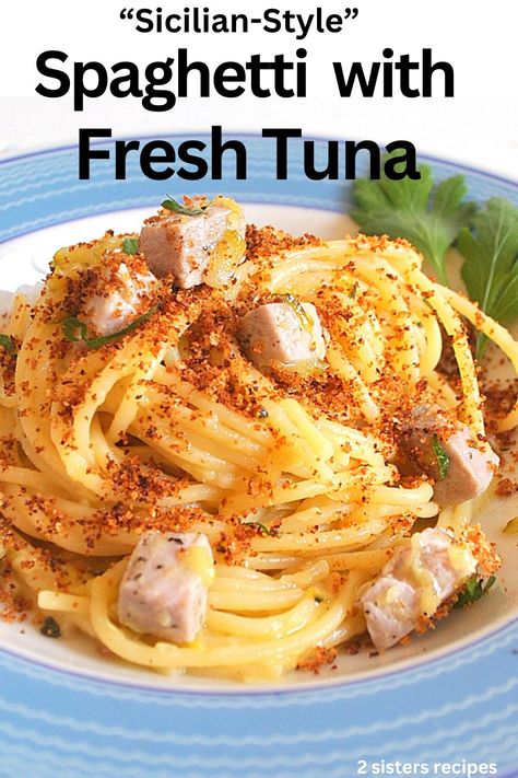 Spaghetti with Fresh Tuna, zucchini, lemon juice, and crispy bread crumbs is a modern Sicilian dish, offering a fresh twist on Ahi Tuna Steak. And, it is exquisite! Tuna Zucchini, Ahi Tuna Steak, Tuna Steak Recipes, Crispy Bread, Italian Cuisine Recipe, Tuna Steak, Fresh Tuna, Seafood Recipes Healthy, Tuna Pasta