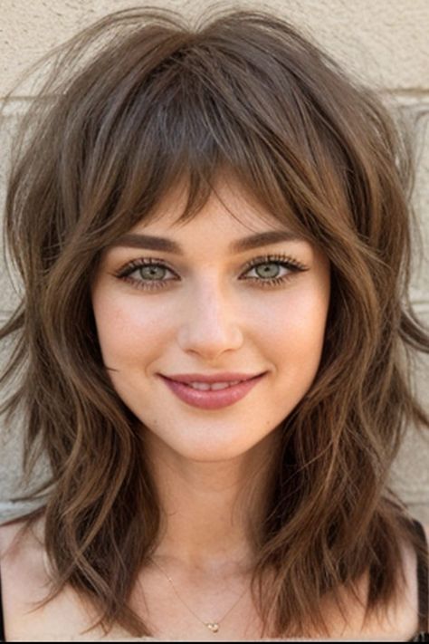 Shaggy Wolf Cut with Tousled Bangs Wolf Cut Medium Length With Bangs, Large Forehead Bangs, Wolf Haircut Women, Rory Gilmore Hair Bangs, Thick Wispy Bangs, Wolf Cut Bob With Bangs, Shaggy Haircut Women, Wolf Haircut Korean, Thick Bangs With Medium Hair