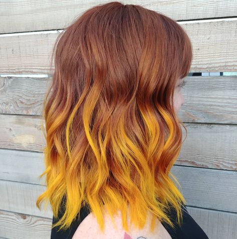 Orange And Yellow Highlights, Hairstyles For Ginger Hair, Sunflower Hair Color, Yellow Hair Ideas, Kawaii Oc, Yellow Red And Orange Hair, Hair Highlight Trends, Red Orange Yellow Hair, Red Orange Yellow Ombre Hair