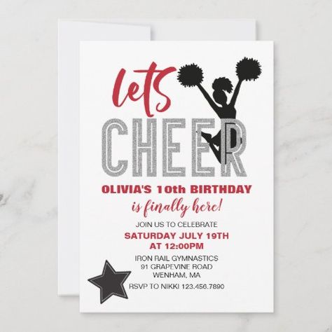 $2.98 | Cheerleading Red, Silver and Black Cheer Birthday - cheerleading, cheerleader, cheer, girl birthday, black, star, silver, glitter Cheerleading Birthday Invitations, Cheerleading Birthday, Ronaldo Birthday, Cheerleader Birthday, Cheer Party, Birthday Design, 10th Birthday, Birthday Theme, Silver Glitter