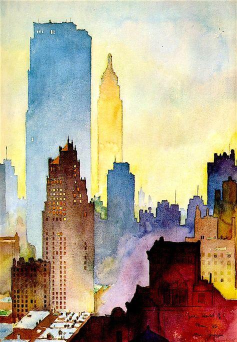 Manhattan Skyline Flapper Art, Watercolor Architecture, Watercolor Paintings For Beginners, Cat Air, Seni Cat Air, Watercolor Paintings Easy, Easy Watercolor, Beginner Painting, Watercolor Inspiration