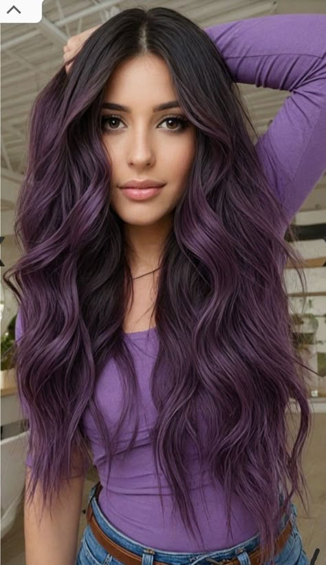 Long Hair Styles Braids, Layered Hairstyles For Long Hair, Cute Layered Hairstyles, Deep Purple Hair, Long Wavy Layers, Long Layered Haircut, Purple Balayage, 2025 Hair, Purple Ombre Hair