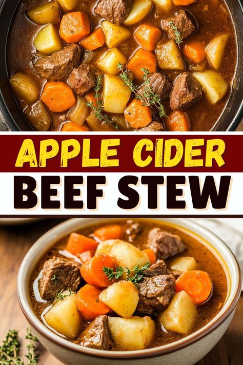 This apple cider beef stew is a tasty twist on a classic! The addition of apple cider brings a subtle sweetness and delicious tang. Apple Cider Beef Stew Crock Pot, Beef Stew Crock Pot Recipes, Apple Cider Beef Stew, Crock Pot Beef Stew, Crockpot Beef Stew, Beef Stew Meat Recipes, Stew Crockpot, Dinner Beef, Crockpot Recipes Beef Stew