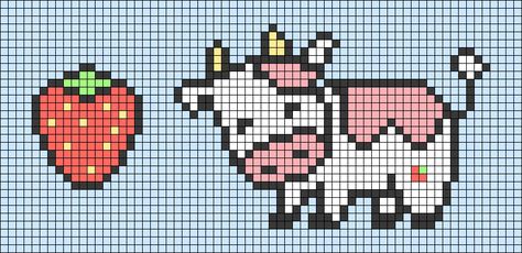 Kawaii Alpha Pattern, Cottagecore Alpha Pattern, Crochet Grid Patterns Strawberry, Cow Print Alpha Pattern, Strawberry Cow Alpha Pattern, Cow Cute, Kawaii Cross Stitch, Cross Stitch Sampler Patterns, Vsco Aesthetic