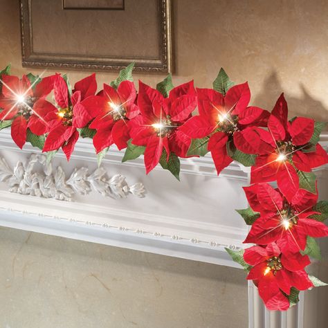 Poinsettia Garland, Poinsettia Tree, Pre Lit Garland, Garland Decoration, Christmas Mesh Wreaths, Pine Garland, Wreaths And Garlands, Christmas Poinsettia, Collections Etc