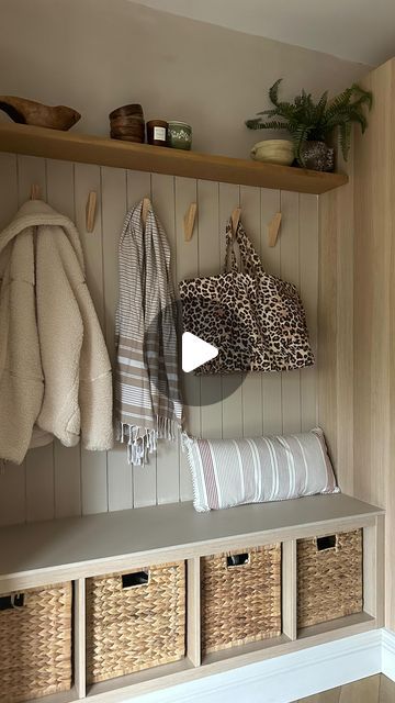 Kerry Kellett on Instagram: "When the heart says bespoke but the budget says Ikea

Here’s the first in a series of how we have used @ikeauk hacks in our home to save money when renovating & proof that ikea can look 👌🏼 

To create our bootroom storage space we used the following:

1x Kallax unit in white washed oak £45

Rattan storage boxes £15 each
(Cheaper alternatives available)

Wooden coat hooks £9.99 from @amazonuk 

Mdf for panelling from @bandq_uk £20

Oak shelf from @thecraftycoupleltd £130
(You could used a lack shelf from @ikeauk as a cheaper alternative)

Painted in @kalklitir noce & ecru mix

#ikea #ikeahack #ikeahome #ikeahacks #ikeahackers #bootroom #bootroomideas #shoestore #shoestorage #homeinterior #homediyproject #homerenovations #diyhomedecor #utility #utilityroom #uti Kallax Boot Room, Ikea Kallax Hallway Ideas, Ikea Hall Tree, Bootroom Storage, Kallax Entryway, Kallax Hallway, Bootroom Utility, Utility Hallway, Boot Room Ideas