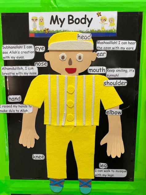 My Body poster my teacher Linda My Body Poster Preschool, Playgroup Class Decoration, Bahan Bantu Mengajar Kreatif, Ece Activities, Playgroup Activities, Leaping Frog, Muslim Kids Activities, Theme Poster, Theme Board