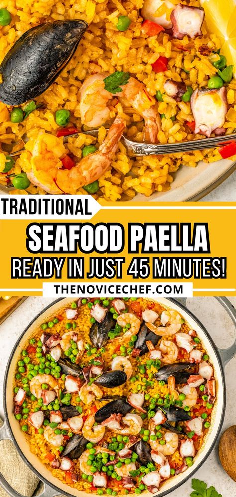 Easy Seafood Paella Recipe, Juicy Seafood, Ez Recipes, Seafood Paella Recipe, Easy Spanish Recipes, Paella Recipe Seafood, Spanish Paella, Saffron Rice, Seafood Paella