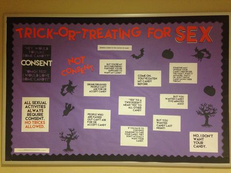 Halloween-themed consent bulletin board Halloween Consent Bulletin Board, Res Life Programs, Residence Life Bulletin Boards, Halloween Writing Activities, Res Life Bulletin Boards, Resident Assistant Bulletin Boards, October Bulletin Boards, Valentine Bulletin Boards, College Bulletin Boards