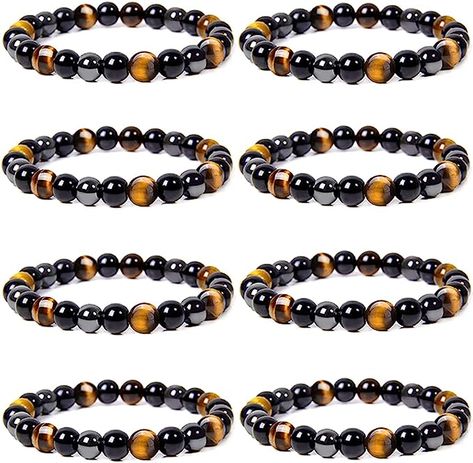 Jewdreamer 8 Pieces Triple Protection Bracelet Tiger Eye Beads Bracelet Hematite Black Obsidian Bracelets Healing Yoga Luck Bracelet for Men Women Black Obsidian Bracelet, Bracelet Cord, Healing Yoga, Obsidian Bracelet, Hematite Bracelet, Jewelry Care Instructions, Luck Charm, Natural Stone Bracelets, Tiger Eye Beads