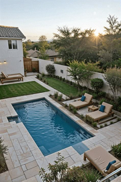 11+ Small Inground Pool Ideas [Avg. Cost, Materials & Yard Types Designs] Small Pools Ideas, Small Backyard Ideas With Pool Budget, Inground Small Pool Ideas, Small Dipping Pool Ideas, 10x20 Pool Inground, Small Backyard Pool Oasis, Swimming Pool Small Backyard, Aesthetic Small Backyard, Low Maintenance Backyard Landscaping Designs With Pool