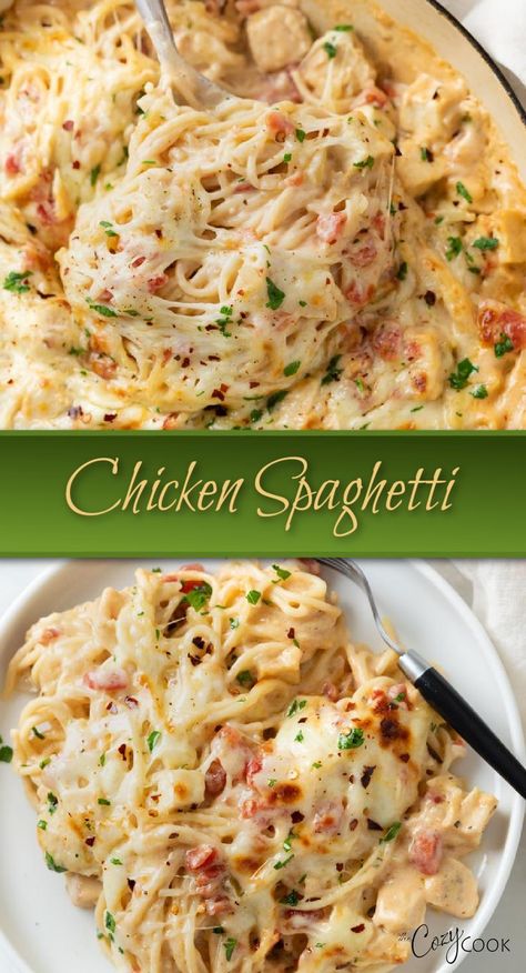 chicken spaghetti in a skillet Cheddar Chicken Spaghetti, Chicken And Peppers In White Sauce, Spaghetti With Rotini Noodles, Bake Chicken Spaghetti Recipe, Simple Chicken Supper Ideas, Chicken Meatball Spaghetti, Greek Spaghetti With Chicken, Chicken Spaghetti With Cream Of Chicken, One Pot Chicken Meals Pasta