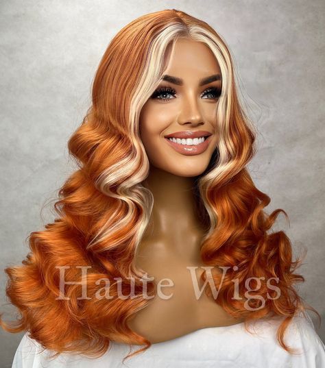 Orange Soda Orange Wig With Platinum White Blonde Highlights Money Piece Lace Front Vegan Womens Ladies Center Parting Wavy - Etsy Australia Blonde Highlights Money Piece, Highlights Money Piece, Orange Wigs, White Blonde Highlights, Orange Wig, Money Piece, Orange Soda, Strawberry Blonde Hair, White Blonde