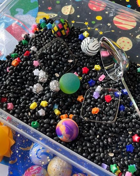 Outer Space Sensory Table, Alien Sensory Bin, Space Themed Sensory Bin, Outer Space Sensory Bin, New Years Sensory Bin, Space Sensory Activities, Outer Space Sensory, Astronaut Figurines, Space Sensory Bin