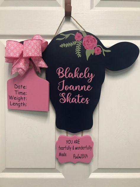 Cow Head Birth Announcement / Hospital Door Hanger - Etsy Cow Head Door Hanger Baby, Cow Print Hospital Door Hanger, Cow Door Hanger Baby, Western Hospital Door Hanger, Cow Hospital Door Hanger, Birth Announcement Door Hanger, Cow Head Door Hanger, Nursery Door Hanger, Hospital Door Wreaths