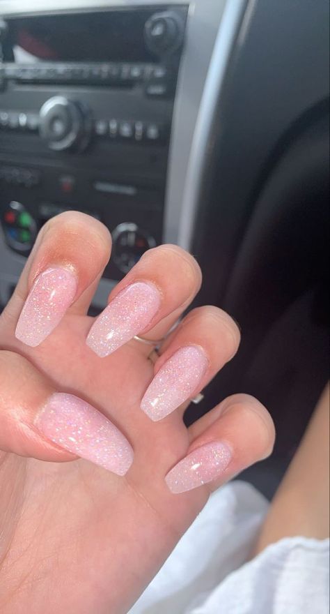 Light Pink Sparkly Almond Nails, Light Pink Nails For Prom, Light Pink Nails With Shimmer, Sparkly Nails With French Tip, Glitter Light Pink Nails, Sparkly Pink Nails Acrylics, Light Shimmer Nails, Light Pink With Glitter Nails, Light Pink Sparkle Nails Acrylic