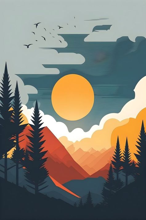 2d Art Illustration, Landscape Illustration Minimalist, Illustrator Landscape, Mountain Minimalist, Procreate Artwork, School Scrapbook Layouts, Paint And Drink, Geometric Landscape, Different Types Of Painting