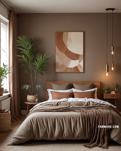 cool brown bedroom, earthy bedroom design, warm earthy bedroom Cozy Brown Bedroom, Bedroom Earthy, Brown Bedrooms, Terracotta Bedroom, Taupe Bedroom, 1st House, Earthy Bedroom, Cool Brown, Neutral Bedding