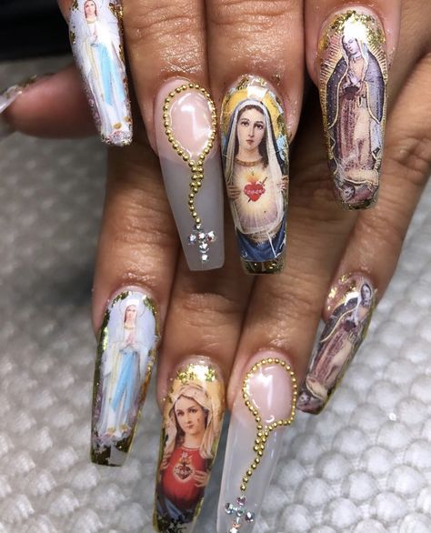 Mexican Core Aesthetic Nails, Saint Nails Designs, Santa Maria Nails, Christ Nails Art Designs, Mother Mary Nails, Catholic Nails Designs, Charro Nails Designs, Catholic Nail Art, Cathedral Nails