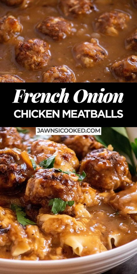 These easy and delicious Skillet French Onion Chicken Meatballs in Sauce are a breeze to make, and packed with French onion flavor and plenty of gooey cheese. Serve them over a bed of egg noodles for a tasty meal easy enough for a weeknight! French Onion Chicken And Rice Skillet, French Onion Chicken Meatballs, Meatballs In Sauce, Ground Chicken Meatballs, Chicken Meatball Recipes, Meatball Sauce, French Onion Chicken, Meatball Recipes Easy, Crispy Cheese