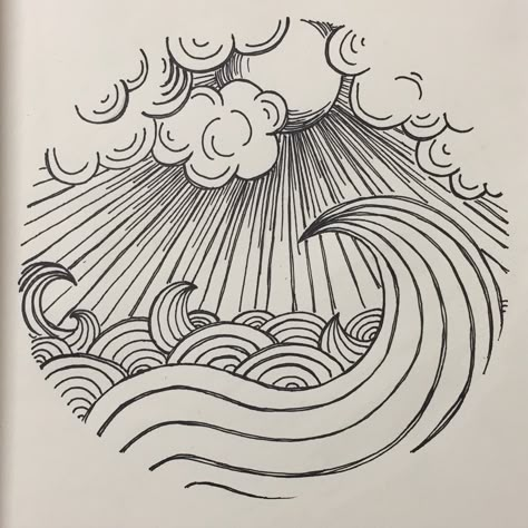 circle, ocean, sea, sky, clouds, sun Go With The Flow Illustration, Sun And Ocean Drawing, Beach Doodle Art, Sky And Sea Tattoo, Doodle Art Ocean, Zentangle Sky, Beach Zentangle, Tattoo Mar Ocean, Drawing Of Ocean