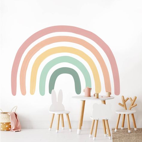 A beautiful, large fabric wall sticker for girls featuring a colourful rainbow design. Instantly create a gorgeous feature wall with our colourful rainbow wall sticker. The beautiful pastel colours will fit in easily with existing decor. Our large ranbow wall sticker is printed onto the highest quality fabric wallpaper that is both PVC free and completely non-toxic. Precision cut with no white borders although we'd say this one will look best on a white wall. Simply peel, stick and reposition if Large Rainbow Wall Decal, Rainbow Wall Mural, Pastel Rainbow Wall, Rainbow Mural, 3d Wall Decals, Rainbow Wall Decal, Nursery Wall Stickers, Changing Station, Cute Desk