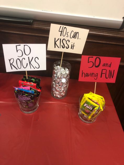 50th Birthday Treats, 50th Surprise Birthday Party, 50th Birthday Party Theme For Men, 50th Birthday Office Decorations, 50 Year Old Party Ideas, 50th Birthday Theme Ideas For Women, 50tj Birthday Party Ideas For Women, 50th Bday Candy Table For Female, 50 Birthday Ideas For Men Decoration