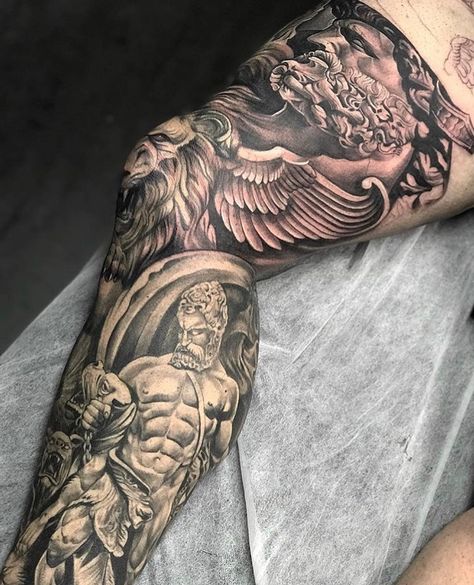 Greek Knee Tattoo, Greek Mythology Leg Sleeve, Leg Sleeve Tattoo Male, Calf Tattoo Ideas, Calf Tattoo Men, Best Leg Tattoos, Sun Tattoo Designs, Full Leg Tattoos, Skull Sleeve Tattoos